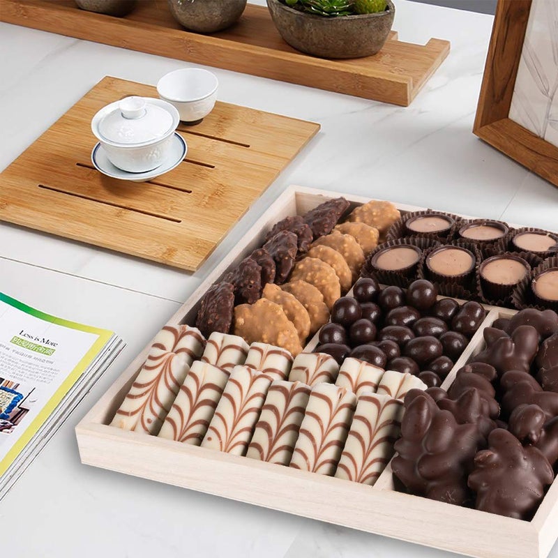 Hammont Square Wooden Trays â€“ Sectional Divided Serving & Snack Platter for Appetizers, Veggies, Montessori Activities (5 Section (10.5"x1.22")(2 Pack))